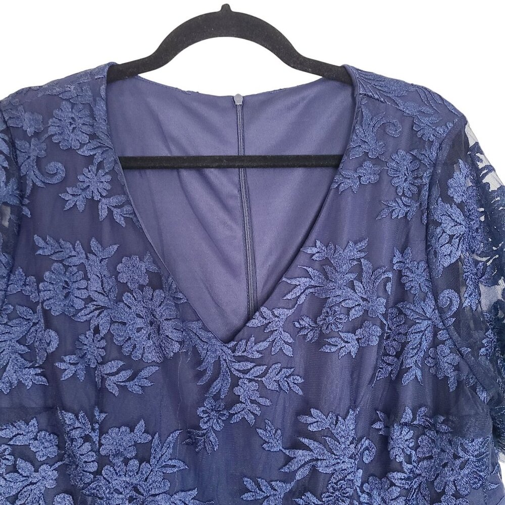 Blue Lace Chiffon Evening Gown Dress Floral V-Neck Sleeves High-Low Hem Size 2XL - Picture 4 of 16